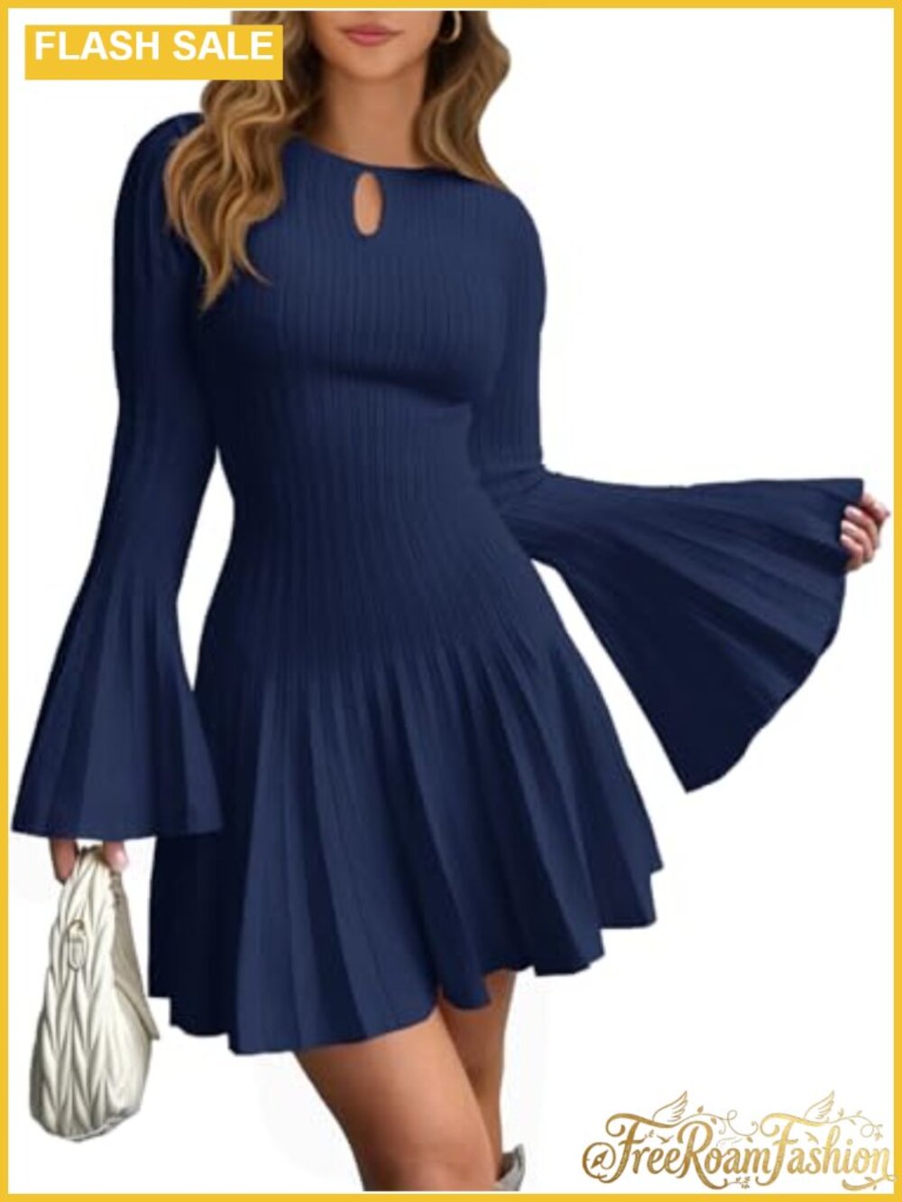 Long Bell Sleeve Mini Knit Sweater Dress A Line Bodycon Crew Neck